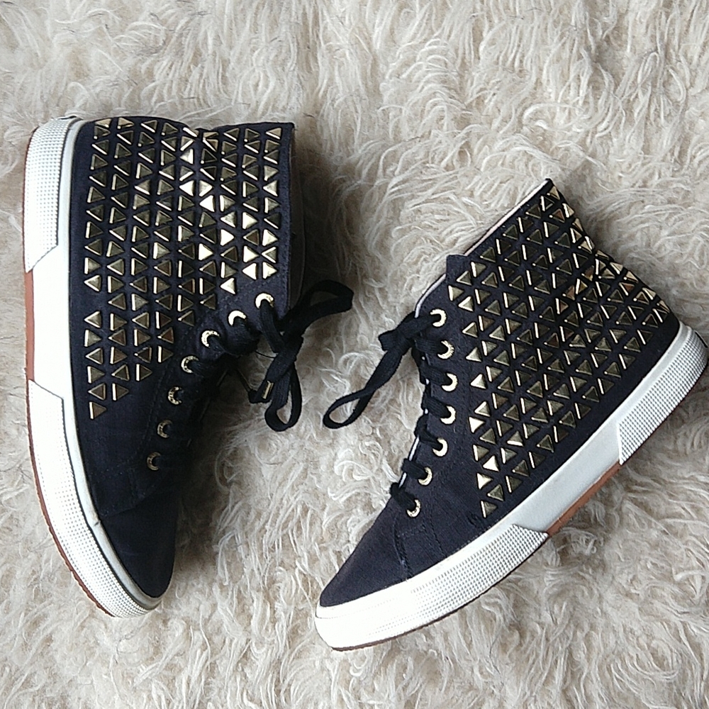 SUPERGA Linen Hi Top Skate Shoes Black Gold Studs EU 41.5 US 8.5